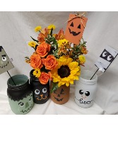HALLOWEEM MASON JARS WITH  (HA) Flowers and pic...we will choose what mason jars we have in stock...limited supply 
