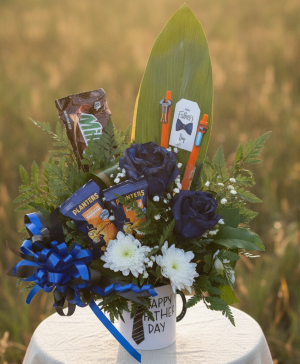 Dad's Deluxe Blue Rose & Treat Arrangement Coffee Mug with Blue Roses 