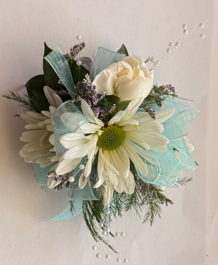 Daisy Pom Corsage with White Beads  corsage 