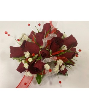 DARK RED & WHITE WRIST CORSAGE prom