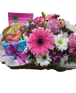 Delightful Floral, Chocolate and Sweets Gourmet Basket