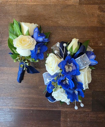 Delphinium Blue Set Corsage/ Boutonniere in Appleton, WI | TWIGS & VINES FLORAL