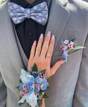 Delphinium & wax flower corsage & bout