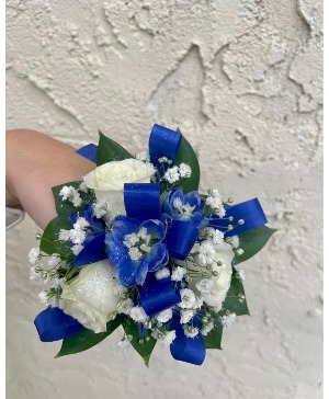 Delphinium & white spray rose  corsage