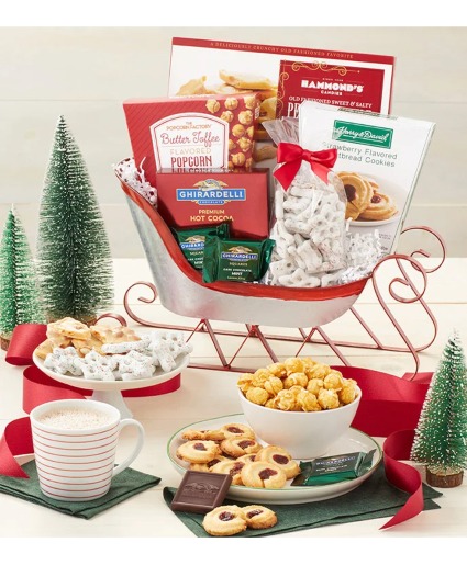 Deluxe Holiday Sleigh Sweet Delivery Holiday Theme'd Gift Basket with Sleigh