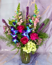 Dendros,roses, cymbidium orchids,& hydrangeas  Classic Flowers Vase