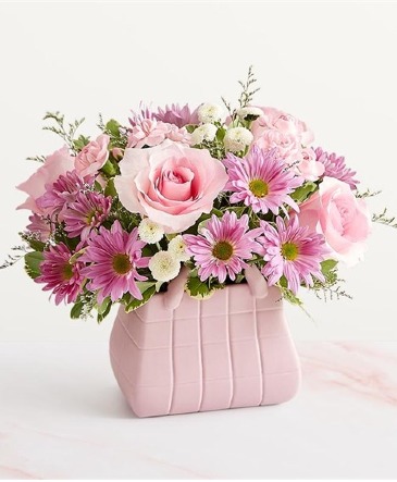 Designer Bag Keepsake Pink Vase in Oakdale, NY | POSH FLORAL DESIGNS INC.