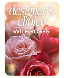 Designer's Choice with Roses in Glass Vase Flower Arrangement