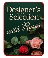 Designer's Choice with Roses in Glass Vase Flower Arrangement