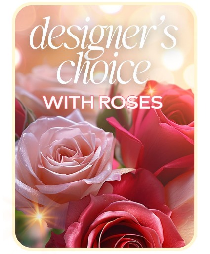Designer's Choice with Roses in Glass Vase Flower Arrangement