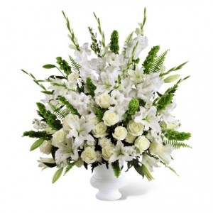 Devotional white Pedestal Arrangement 