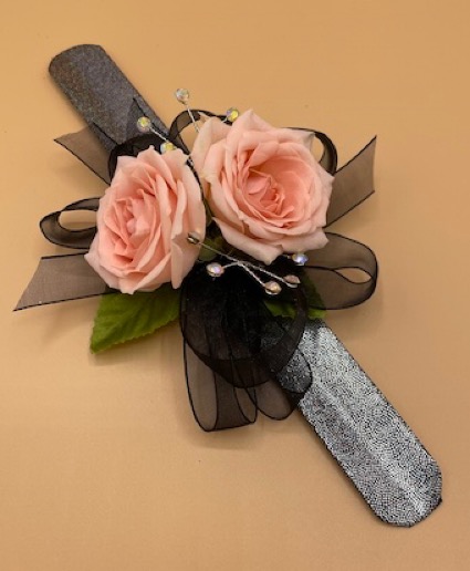 Double Spray Rose with Rhinestones on Slap Band Corsage