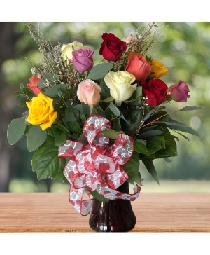 Dozen Assorted Color Roses Vase Arrangement 