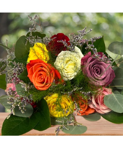 Dozen Assorted Color Roses Wrapped Bouquet 