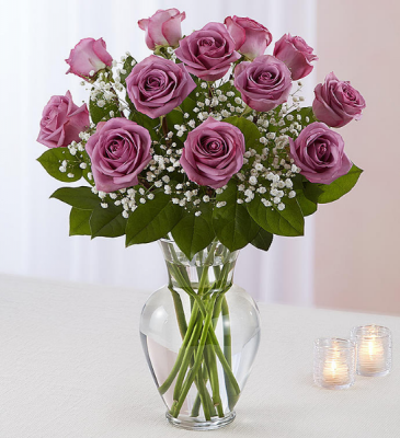 Dozen Lavender Roses in Vase Clear Vase in Oakdale, NY | Posh Floral Designs Inc.