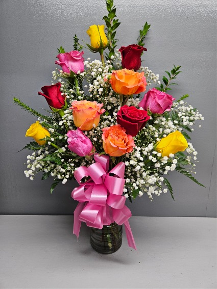 Dozen Mixed Colored Roses Fresh Flower Arrangement 