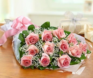 Dozen Pink Roses Wrapped Presentation Style Roses