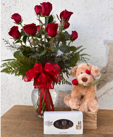 Love Everlasting Dozen Red Roses, Plush Animal, & Chocolates in Navarre, FL | NAVARRE BEACH FLOWERS