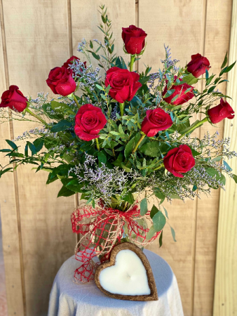 Dozen Red Roses with Heart Candle Powell Florist Exclusive