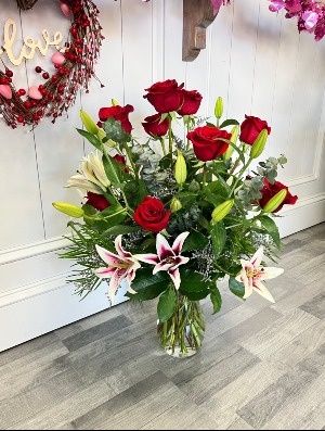 Dozen Red Roses with Oriental Lilies Vase Arrangement