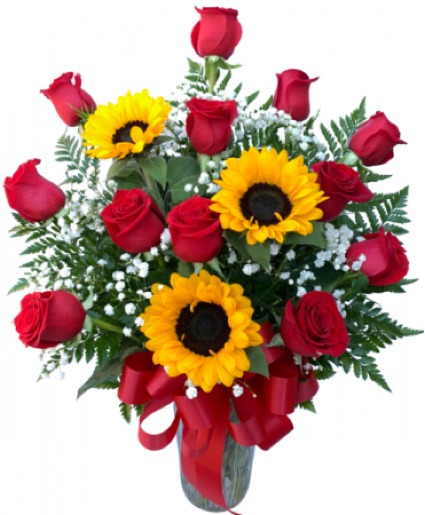 Dozen Red Roses with Sunflowers Arrangement