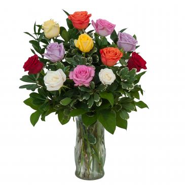 Dozen Multi Color Roses  One Sided Arrangement in Roswell, NM | BARRINGER'S BLOSSOM SHOP