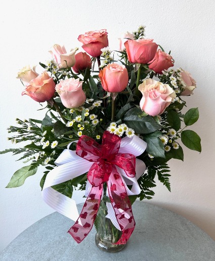 Peachy and Pink Dozen Roses 