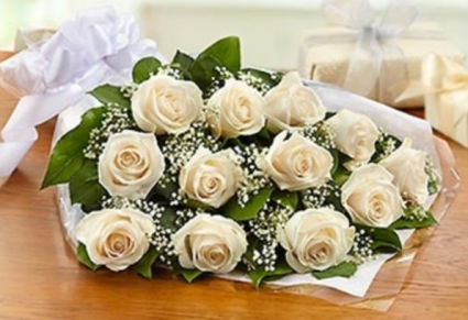 Dozen White Roses Wrapped Presentation Style ROSES
