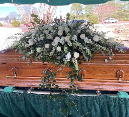 ELEGANT ALL WHITE FLOWER CASKET SPRAY-AVAILABLE IN 3 SIZES. 