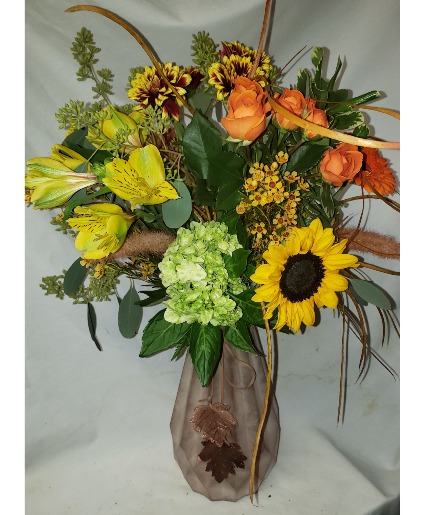 Elegant Dangling Leaf Bouquet...Autumn (F)  ceramic vase arranged with season fall flowers...colors may vary