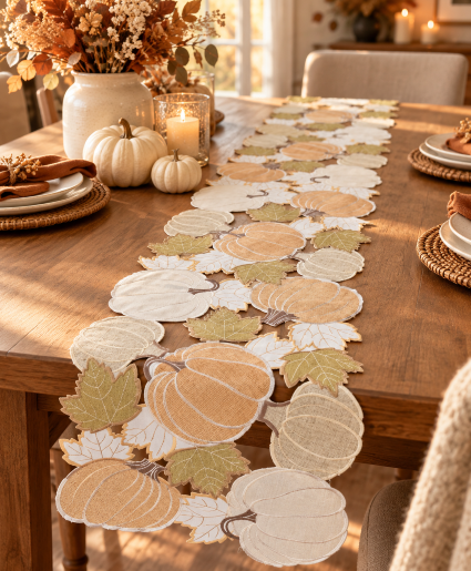 Embroidered Pumpkin & Leaf Fall Table Runner 