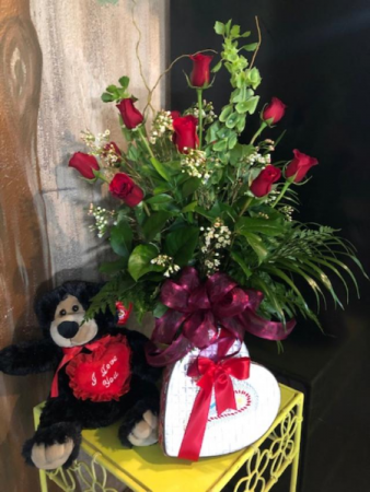 Enchanted Valentines Rose Special Color may be Mix 1 Dz Long Stem Rose's - Teddy Bear - Truffles Style and Product May Vary 