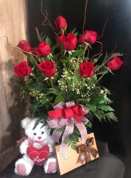 Enchanted Valentines Special  1Dz. Red Roses, Includes: Teddy Bear & Gourmet Chocolates