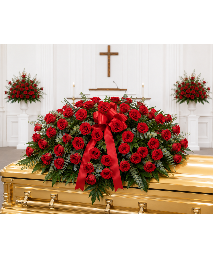 Eternal Crimson Tribute Casket Spray Call Us for Faster Service & Daily Specials: (915) 303-8500 Text Us to Order Anytime: (915) 505-3708 Your trusted source for Flowers & Delivery in El Paso TX 