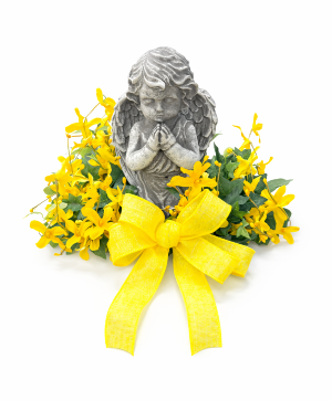 Eternal Grace Stone angel with silk wreath and a bow