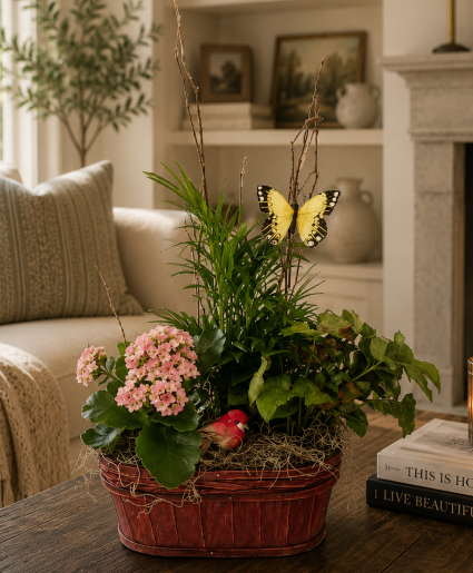 European Garden Basket Green and Blooming Plants