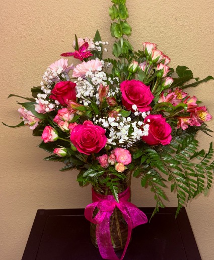 Fabulous Fuchsia  Mixed rose arrangement 
