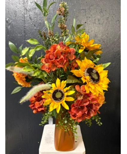 Fall Arrangement in Orange Glass Vase 