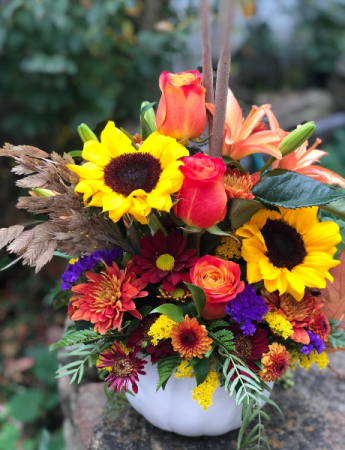 Fall Ceramic Pumpkin Arrangement Fresh Flowers