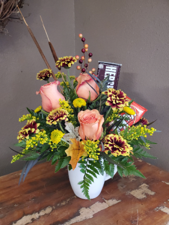 Fall flower and candy bouquet Vase arrangement 