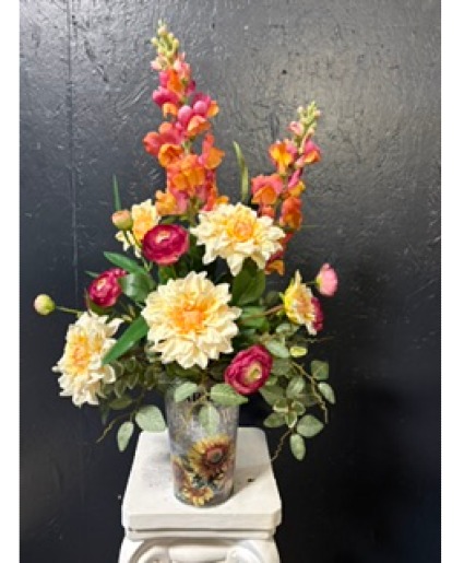 Fall Flowers in a Sunflower Tin Container  