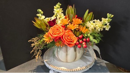 Fall Pumpkin Arrangements may vary in flowers