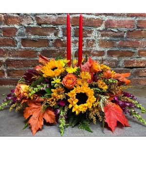 fall sunflower centerpiece with candles  
