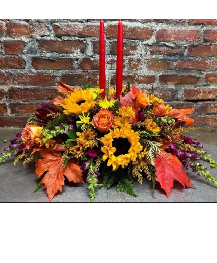 fall sunflower centerpiece with candles  