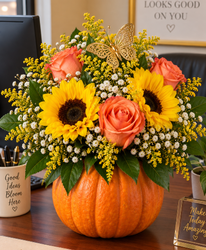 Fall's Sunflower Pumpkin Call Us for Faster Service & Daily Specials: (915) 303-8500 Text Us to Order Anytime: (915) 505-3708 Your trusted source for Flowers & Delivery in El Paso TX 