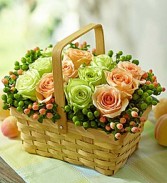 Farmer's Market Basket  of  Roses and Berries In Split Wood Handled Basket