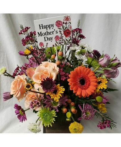 Farmhouse wooden box filled with bright (F) mixed flowers(Flowers may be different as picture but will be filled to value)