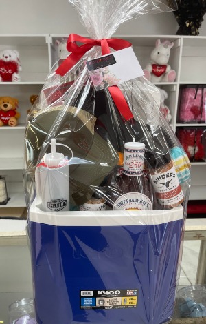 Father's Day Igloo Basket Includes: Igloo, hats, Spatula, Tongs, grill cleaning, seasoning, etc.