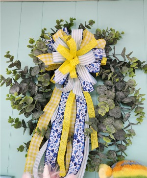 Faux Eucalyptus Wreath with Blue and Yellow Bow