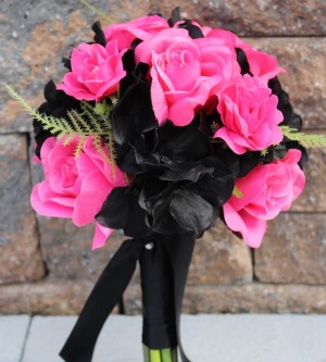 Faux hot pink and black hand held prom bouquet 